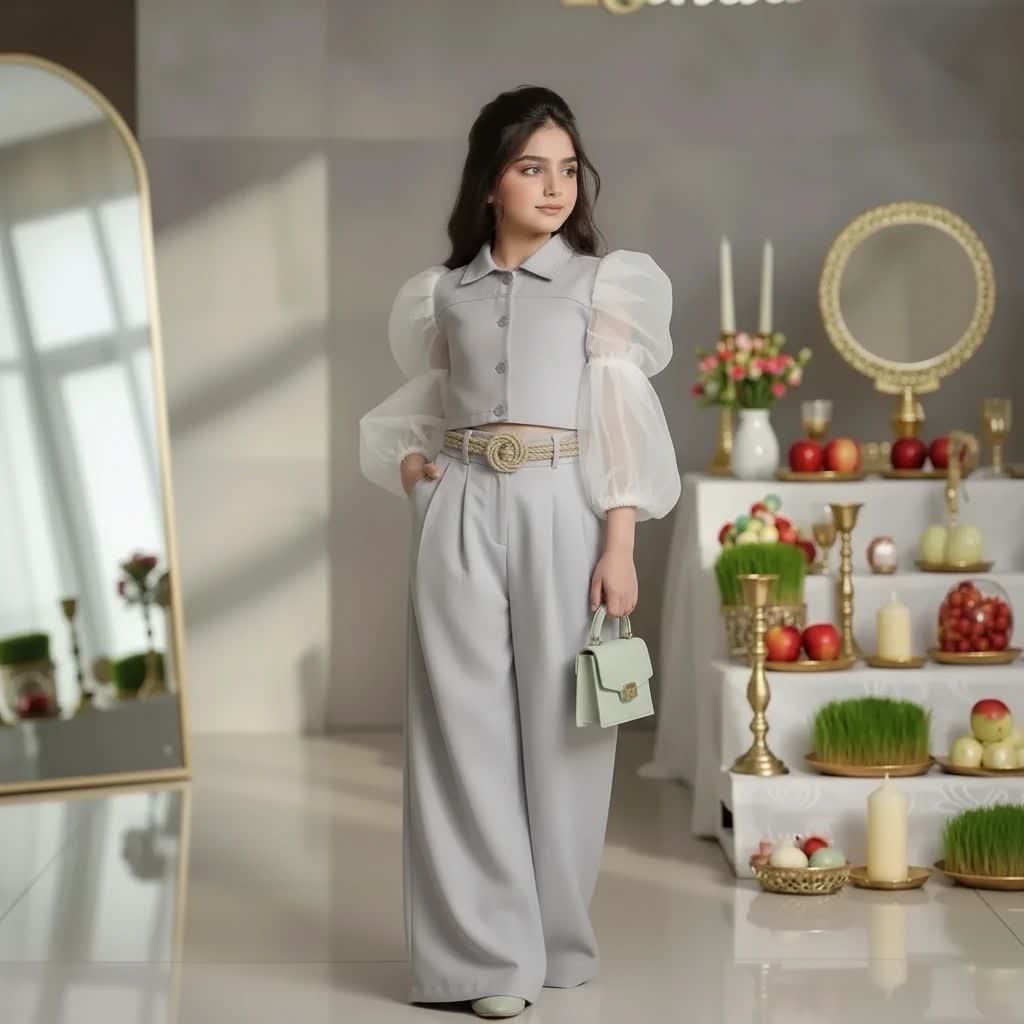 photo24677513456 بلوز کراپ شلوار پالازو مدل ماه نور - Image 1